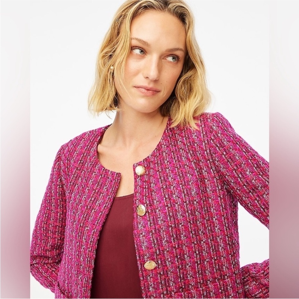 J.Crew Pink Tweed Lady Jacket Size 2 Gold Crest Buttons Cropped Blazer BS928 New - Picture 3 of 14